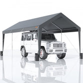 Dark gray heavy-duty carport with a three-layer PE canopy and galvanized steel frame.