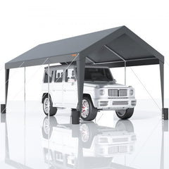 Dark gray heavy-duty carport with a three-layer PE canopy and galvanized steel frame.