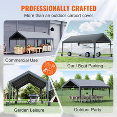 Heavy duty dark gray carport with a three-layer PE canopy and galvanized steel frame.