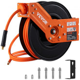 Wall-mounted retractable air hose reel with 3/8" x 50ft orange hybrid hose, 300 PSI steel construction, and mounting hardware.
