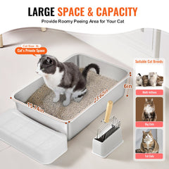 Stainless steel cat litter box with 6-inch depth and wide filtering footboard for reduced mess.