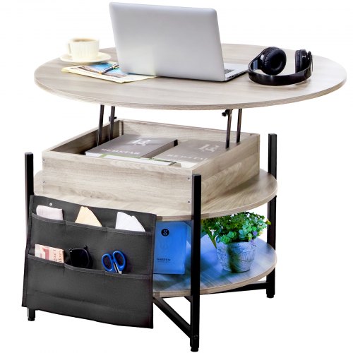 Round white coffee table with lift top and storage drawers, ideal for versatile living spaces.