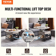 Round white lift top coffee table with storage drawers and adjustable height mechanism.
