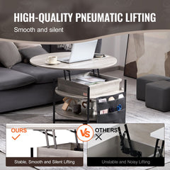 Round white lift top coffee table with storage drawers and adjustable height mechanism.