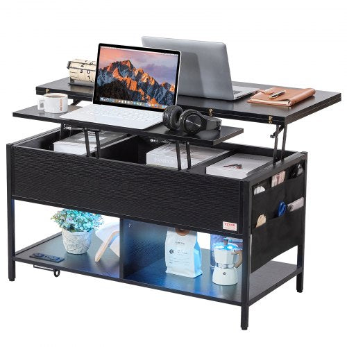 Black lift-top coffee table with charging station, LED lights, and ample storage compartments.