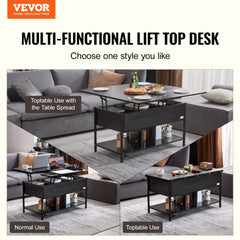 Black lift top coffee table with charging station, LED lights, and ample storage compartments.