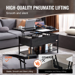Black lift top coffee table with charging station and LED lights, featuring ample storage.