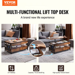 Brown lift-top coffee table with charging station, LED light, and multiple storage options.