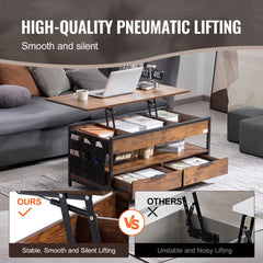 Brown lift top coffee table with charging station, LED light, and ample storage compartments.