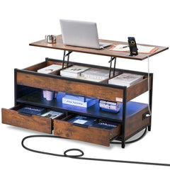 Brown lift top coffee table with charging station, LED light, and multiple storage options.