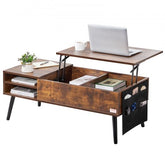 Brown rectangular lift top coffee table with storage drawers and a sturdy steel frame.
