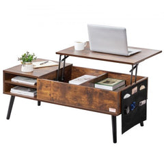 Brown rectangular lift top coffee table with storage drawers and a sturdy steel frame.