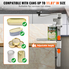 Heavy duty manual can opener with ergonomic handle for opening large cans up to 11.8 inches.
