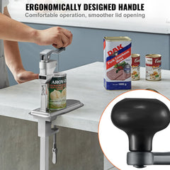 Heavy duty table clamp can opener with ergonomic handle and stainless steel blade for large cans