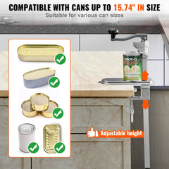 Heavy duty manual can opener with adjustable table clamp, shown opening various large cans up to 15.7 inches.
