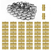 Pack of 50 brass 1/2-inch clamp-style straight-through pipe fittings with clamps.