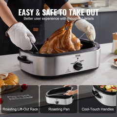 Bostome 18 QT Electric Roaster Oven in silver with self-basting lid and tempered glass window.