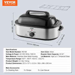 Silver 22 QT electric turkey roaster oven with self-basting lid and detachable pan.