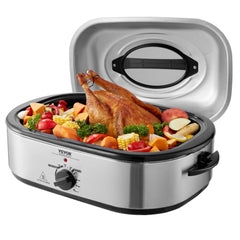 Silver 22 QT electric turkey roaster oven with a self-basting lid and removable pan.
