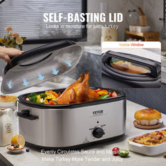 Silver Bostome 24 QT Electric Roaster Oven with self-basting lid and tempered glass window.