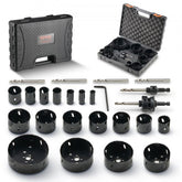 18-piece Bostome Bi-Metal M42 hole saw kit for cutting wood and metal with various sizes.