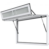 Aluminum concession window measuring 60"x36" with tri-slide design and integrated sunshade.