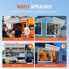 Aluminum concession window with tri-slide design, sunshade, and secure locking handle.