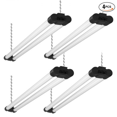 Four 4-foot 40W LED shop lights with chains for hanging and linkable design.