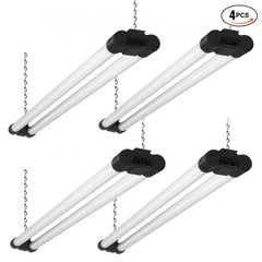 Four 4-foot 40W LED shop lights with chains for hanging and linkable design.