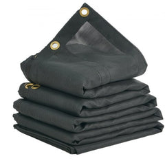 Black PVC coated mesh dump truck tarp, 6.5x18 ft, with brass grommets and reinforced edges.
