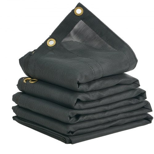 Heavy duty black mesh tarp measuring 7.5x18 ft with PVC coated pockets and reinforced hems.