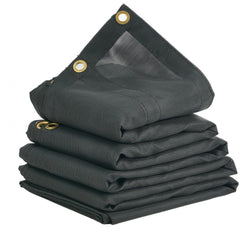 Heavy duty black mesh tarp measuring 7.5x18 ft with PVC coated pockets and reinforced hems.