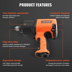 Black and orange 3/4-inch air impact wrench with ergonomic grip and labeled features.