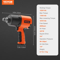 Orange 3/4-inch air impact wrench with 1870 ft-lb torque, 6.7 lb weight, and specs overlay.