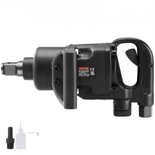 Bostome 1 inch air impact wrench with ergonomic handle and included oil bottle and connector.