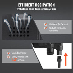 Diagram of 1-inch air impact wrench highlighting efficient heat dissipation, multi-hole air exhaust, and quick connector for 1/2-inch air hose.