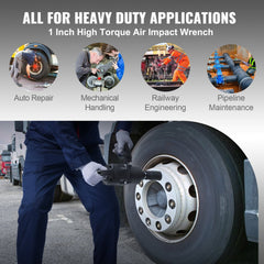 Mechanic using Bostome 1 Inch Air Impact Wrench to loosen lug nuts on a large truck tire.