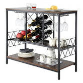 Industrial bar cabinet in natural and black with wine rack and glass holder for 20 bottles.
