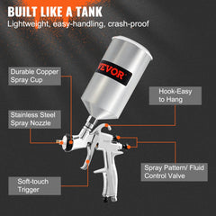 Silver LVLP air spray gun with 1000cc cup, stainless steel nozzle, soft-touch trigger, and hook.