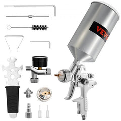 Bostome HVLP gravity feed spray gun kit with 1.3mm and 1.7mm nozzles and accessories.