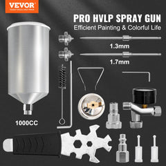 Bostome HVLP gravity feed spray gun kit with 1000cc cup, 1.3mm and 1.7mm nozzles, and accessories.