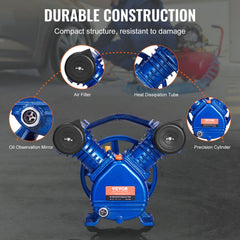 Bostome 3HP air compressor pump head with twin-cylinder piston and oil-lubricated system.