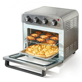 Stainless steel 18L air fryer toaster oven with open door showing pizza inside.