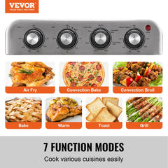 Stainless steel 18L air fryer toaster oven with 7 function modes including air fry, bake, and broil.