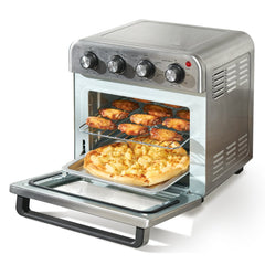 Stainless steel 18L air fryer toaster oven with open door showing pizza and fries inside.
