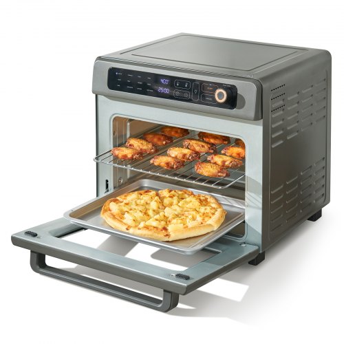 Stainless steel 12-in-1 air fryer toaster oven with 25L capacity and LED touch controls.