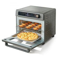 Stainless steel 12-in-1 air fryer toaster oven with 25L capacity and LED touch controls.