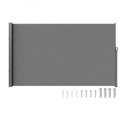 Gray retractable side awning measuring 71"x138" for outdoor privacy and shade.