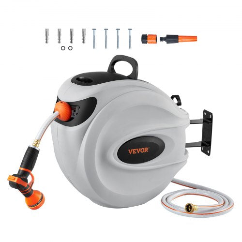 Retractable garden hose reel with 115ft PVC hose and 180° swivel wall mount for easy watering.