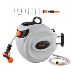 Retractable garden hose reel with 115ft PVC hose and 180° swivel wall mount for easy watering.